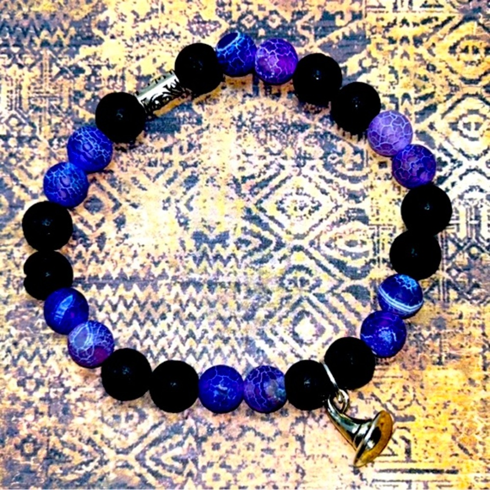 Handmade Halloween Witch Hat Charm Bracelet with Purple Amethyst & Lava Rock!
